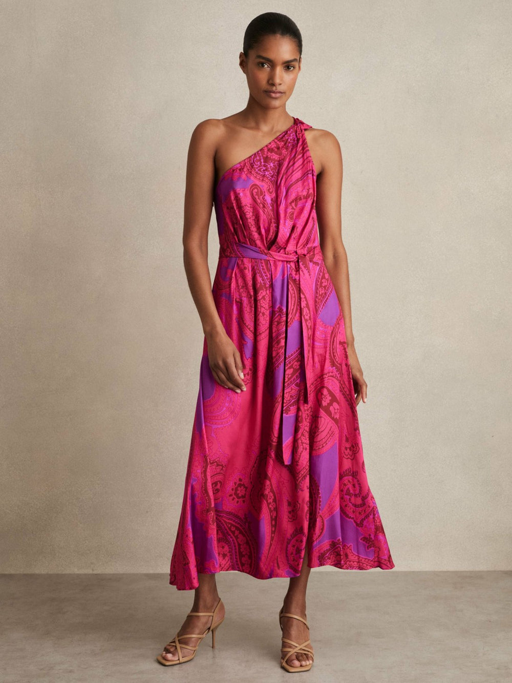Paisley-Print One-Shoulder Midi Dress Pink | Womens