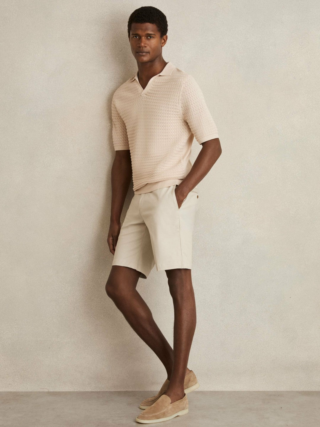 Pointelle Open-Collar Polo Shirt Stone | Mens