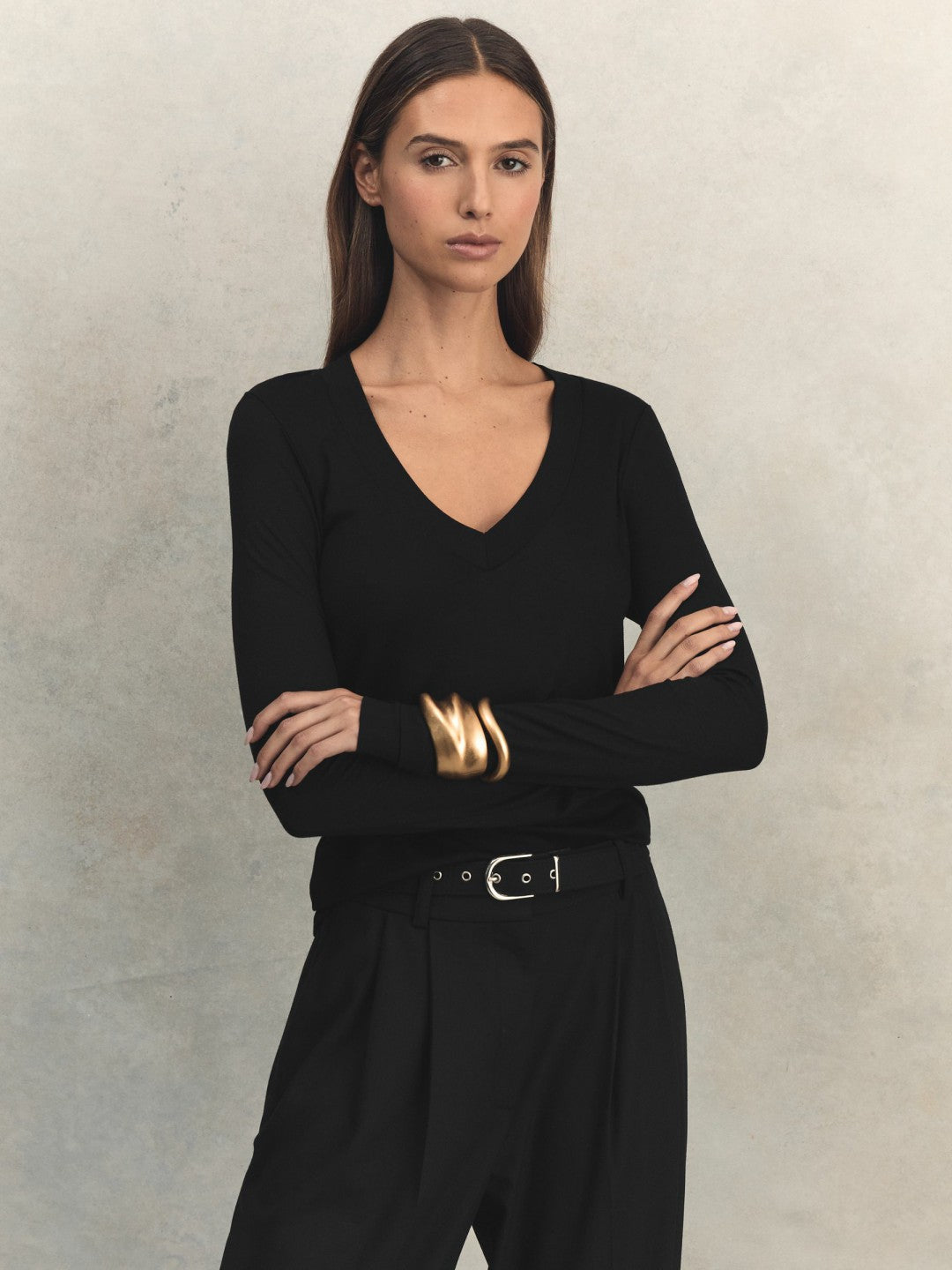 Jersey V-Neck Top Black | Womens