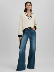 Wool Blend Open Collar Jumper Cream/Navy | Womens
