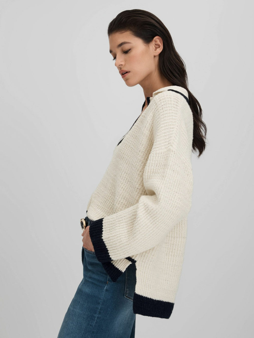 Wool Blend Open Collar Jumper Cream/Navy | Womens