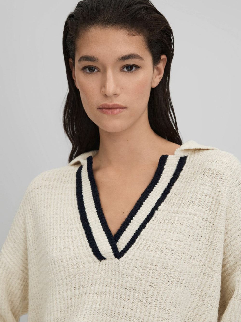 Wool Blend Open Collar Jumper Cream/Navy | Womens