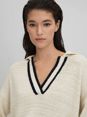 Wool Blend Open Collar Jumper Cream/Navy | Womens