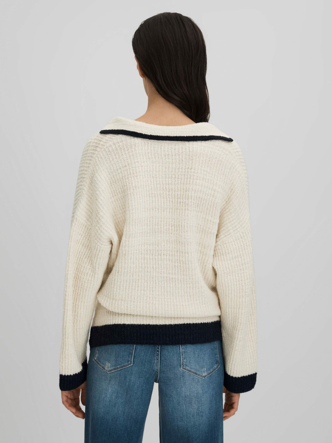 Wool Blend Open Collar Jumper Cream/Navy | Womens