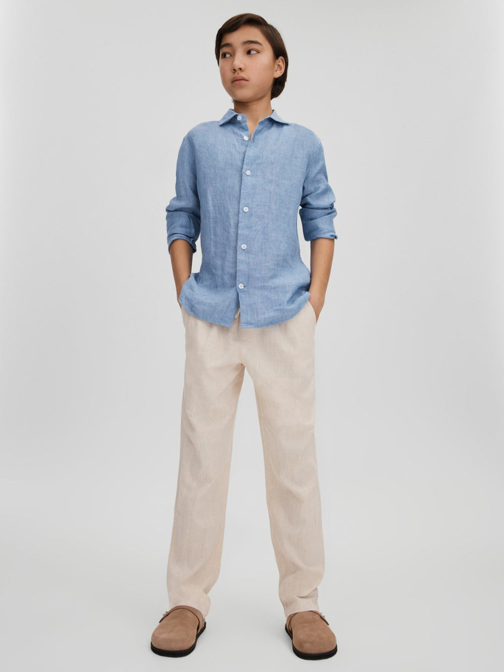 3-9 yrs Striped Linen Cutaway Collar Shirt Sky Blue | Children