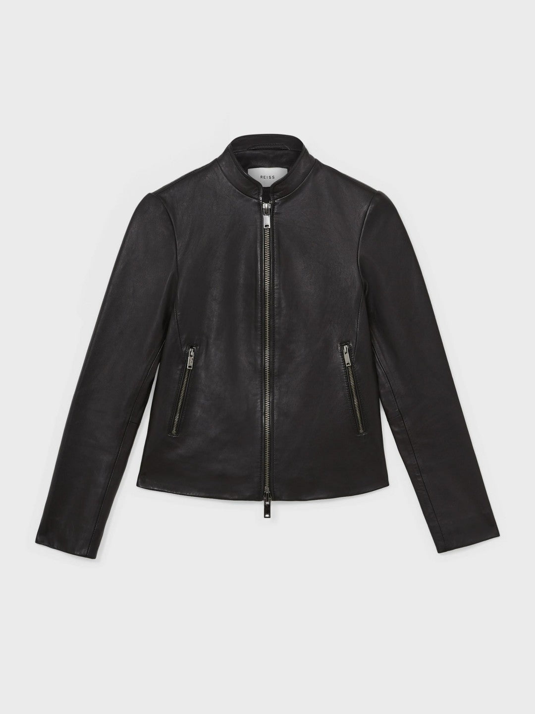 Leather Collarless Biker Jacket Black | Womens