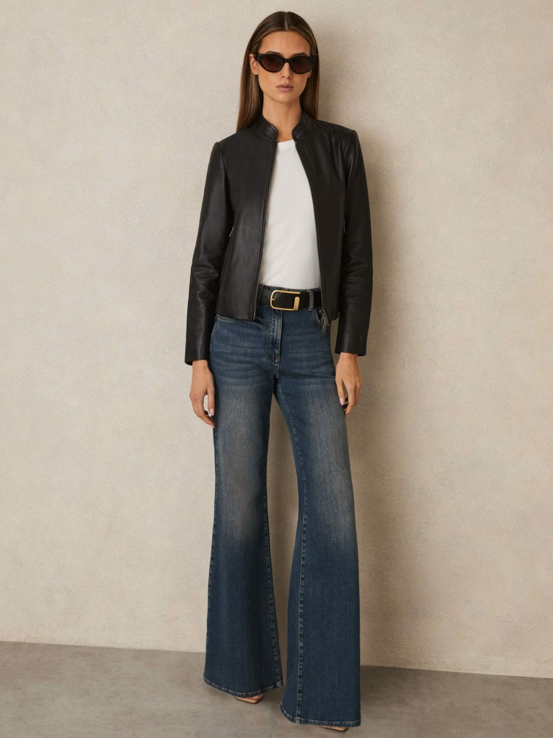 Leather Collarless Biker Jacket Black | Womens