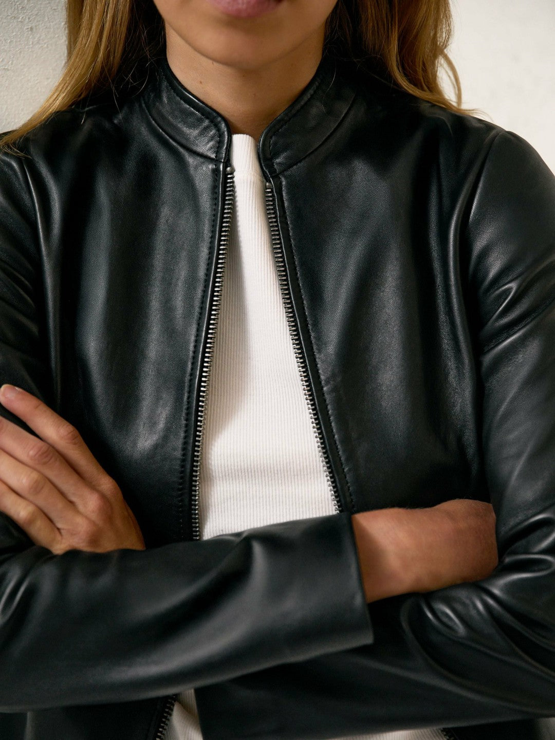 Leather Collarless Biker Jacket Black | Womens