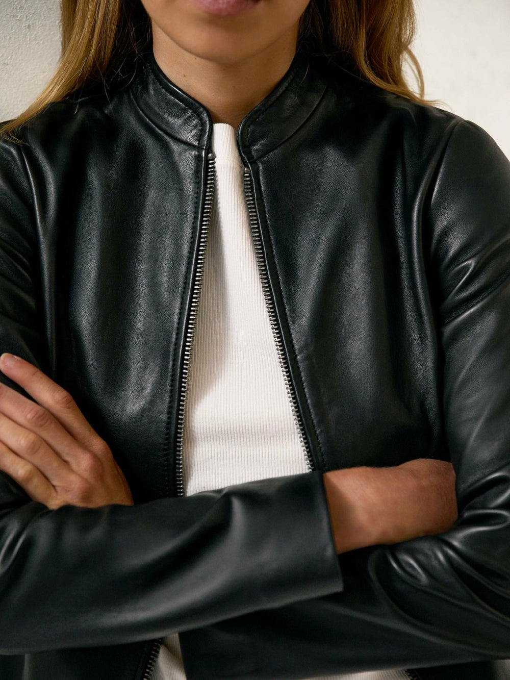 Leather Collarless Biker Jacket Black | Womens