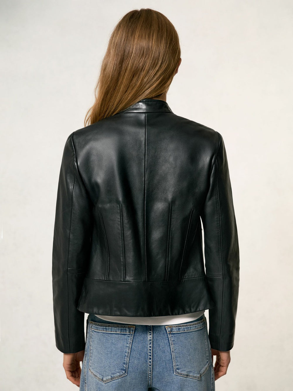 Leather Collarless Biker Jacket Black | Womens