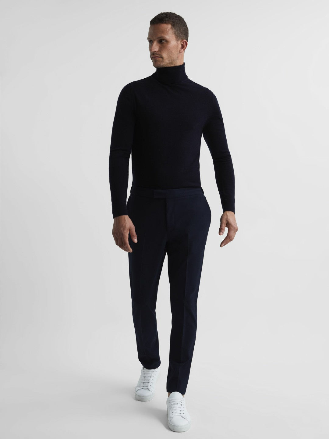 Slim Fit Merino Wool Roll Neck Jumper Navy | Mens