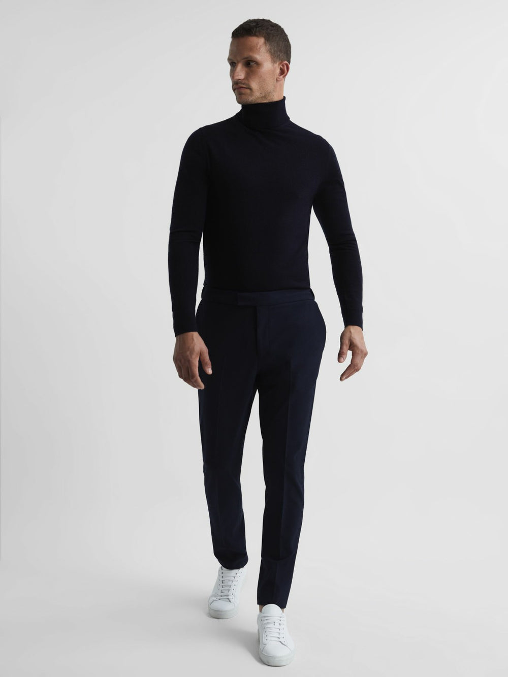 Slim Fit Merino Wool Roll Neck Jumper Navy | Mens