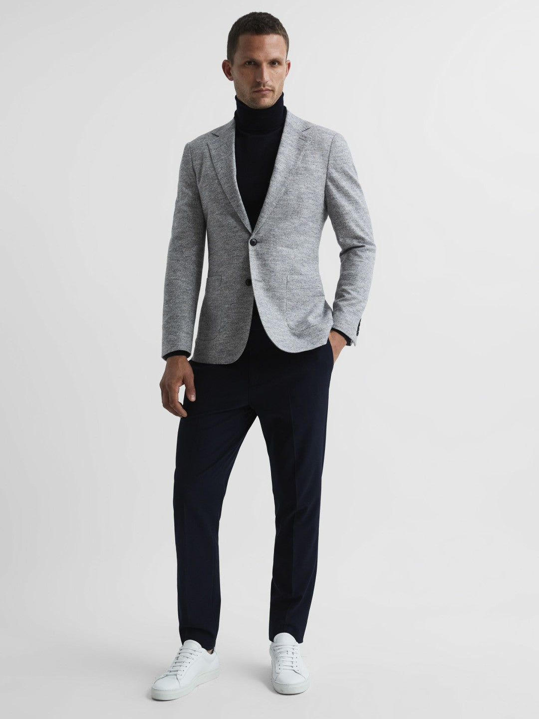 Slim Fit Merino Wool Roll Neck Jumper Navy | Mens