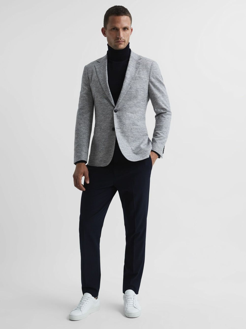 Slim Fit Merino Wool Roll Neck Jumper Navy | Mens