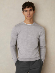 Merino Wool Crew Neck Jumper Soft Grey Mouline | Mens