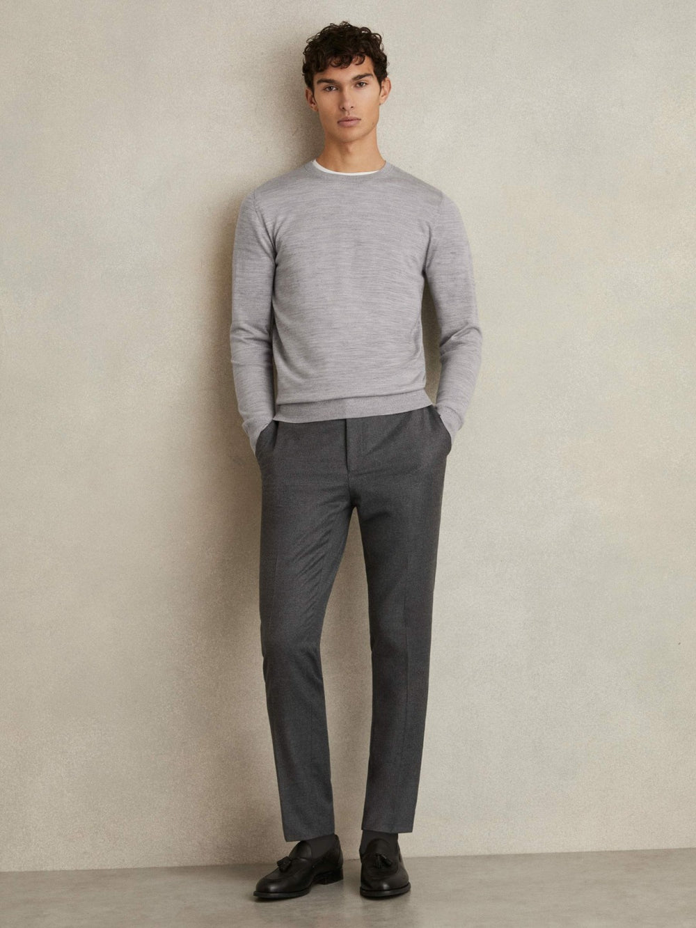 Merino Wool Crew Neck Jumper Soft Grey Mouline | Mens