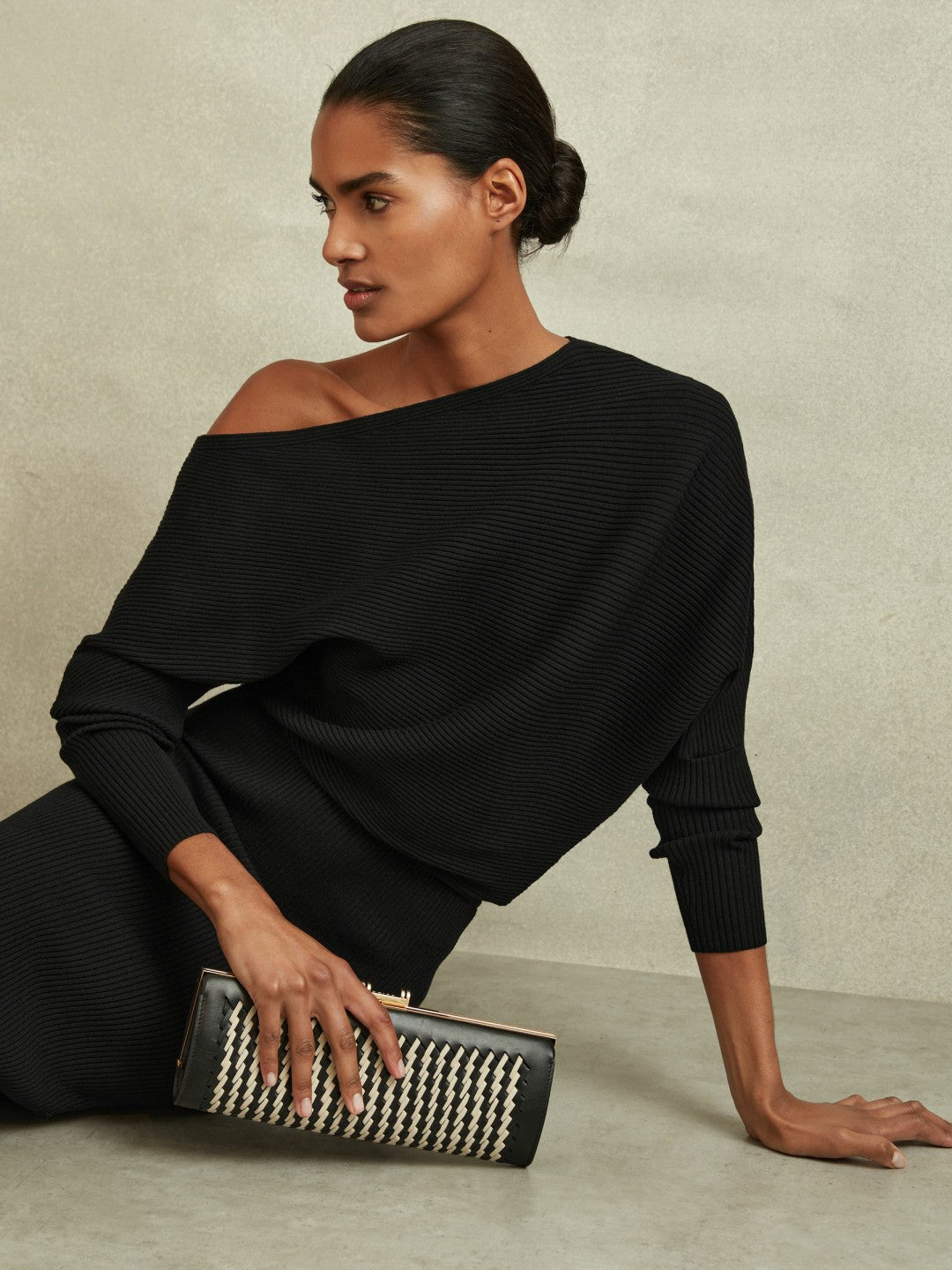 Off-The-Shoulder Ribbed Midi Dress Black | Womens