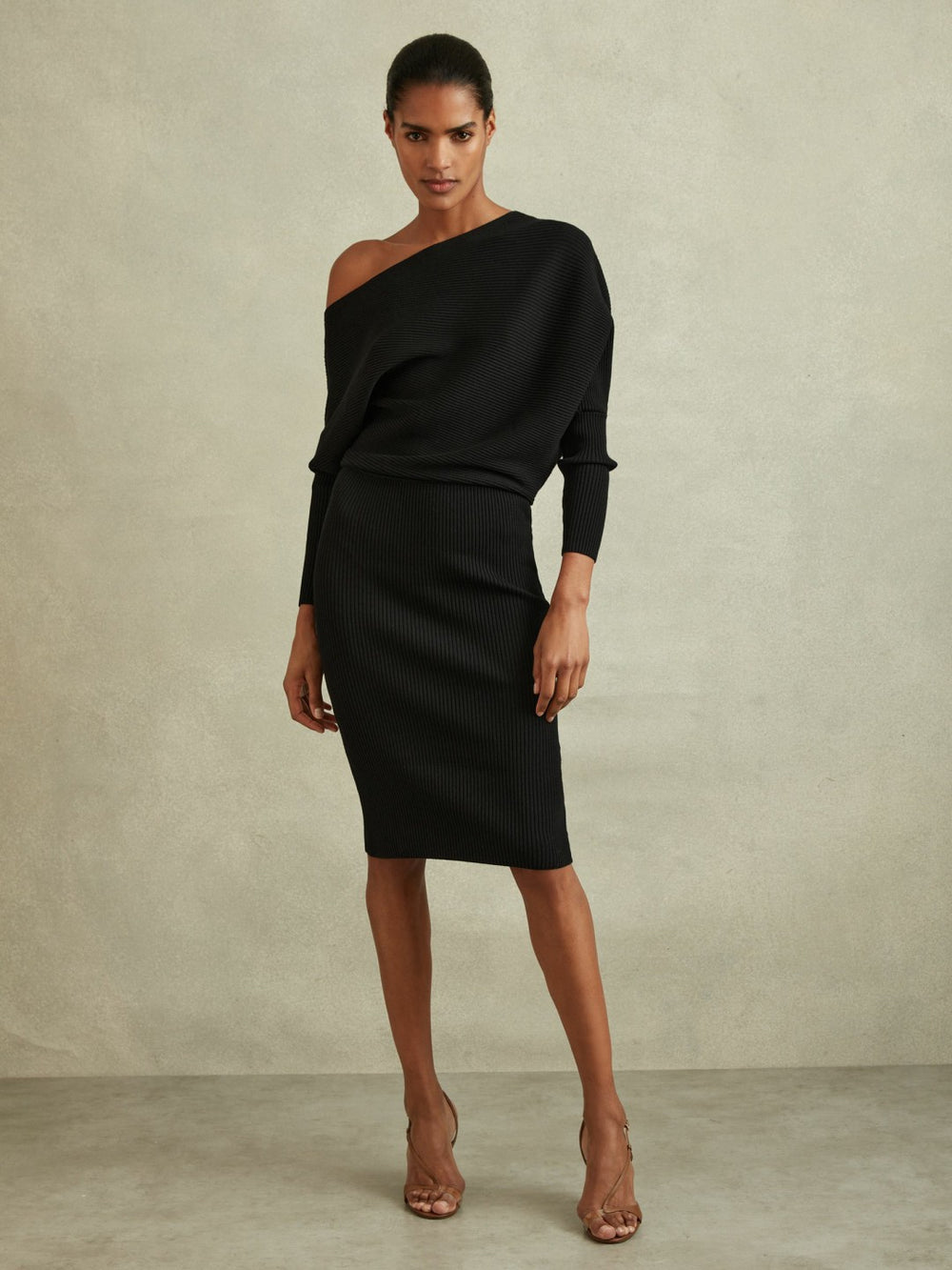 Off-The-Shoulder Ribbed Midi Dress Black | Womens