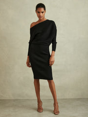 Off-The-Shoulder Ribbed Midi Dress Black | Womens