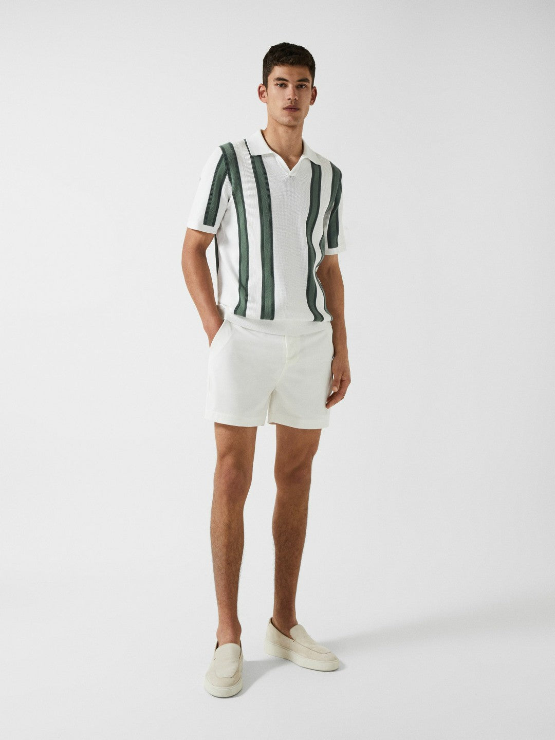 Open Collar Striped Polo T-Shirt White/Sage | Mens