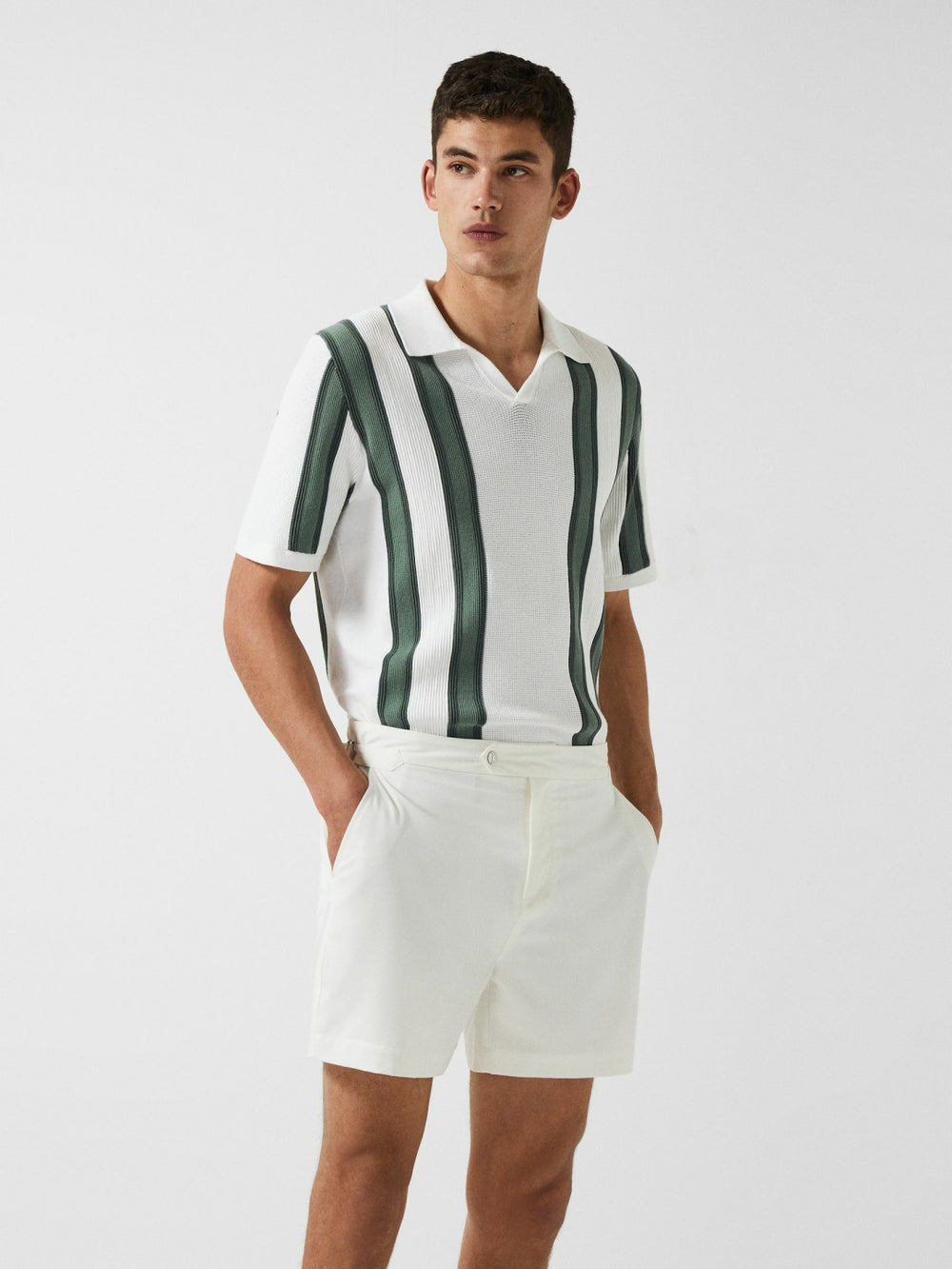 Open Collar Striped Polo T-Shirt White/Sage | Mens