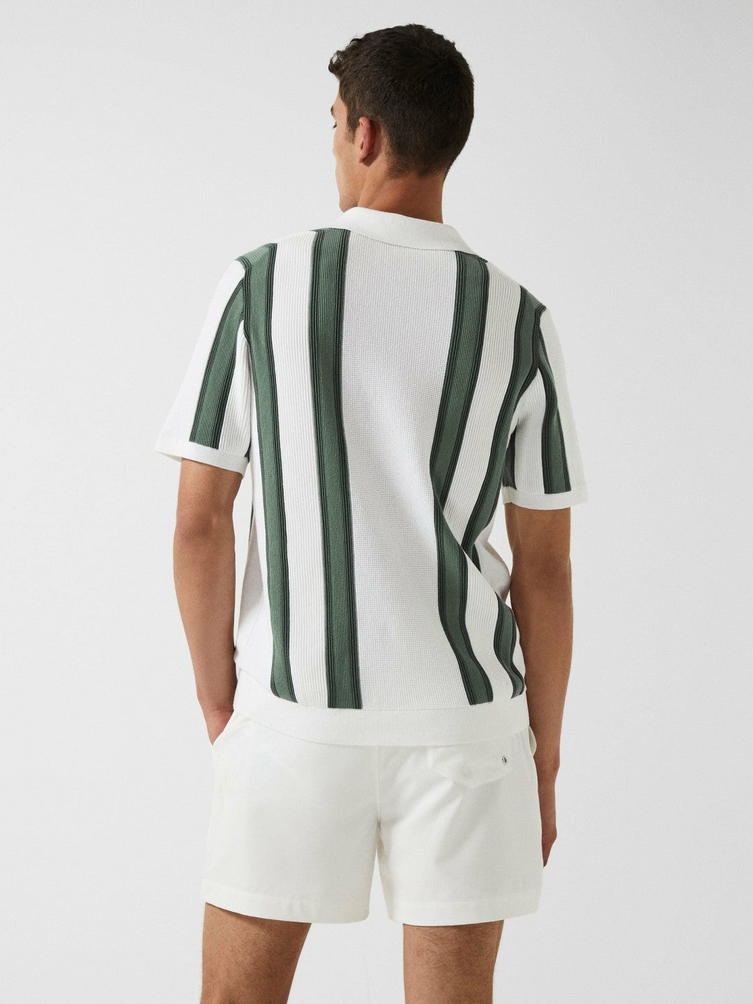 Open Collar Striped Polo T-Shirt White/Sage | Mens