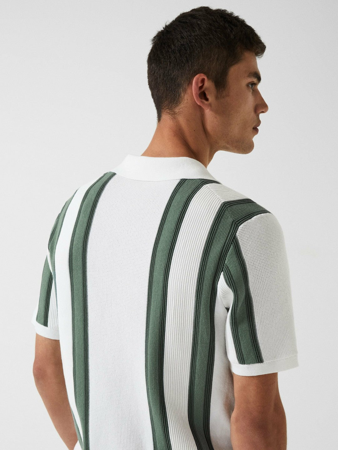 Open Collar Striped Polo T-Shirt White/Sage | Mens