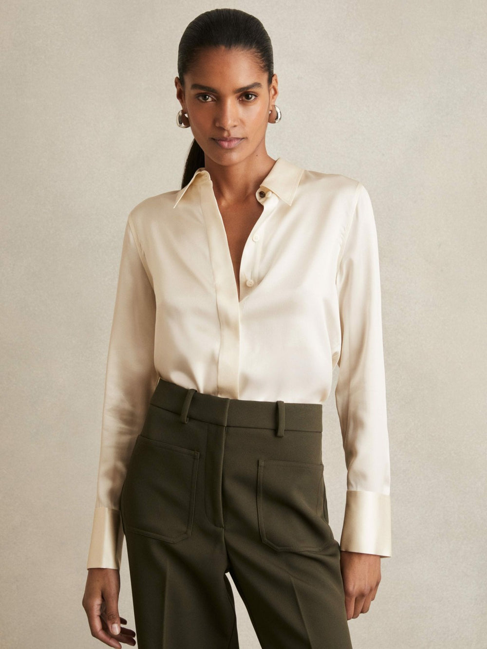 Silk-Satin Concealed-Placket Shirt Ivory | Womens