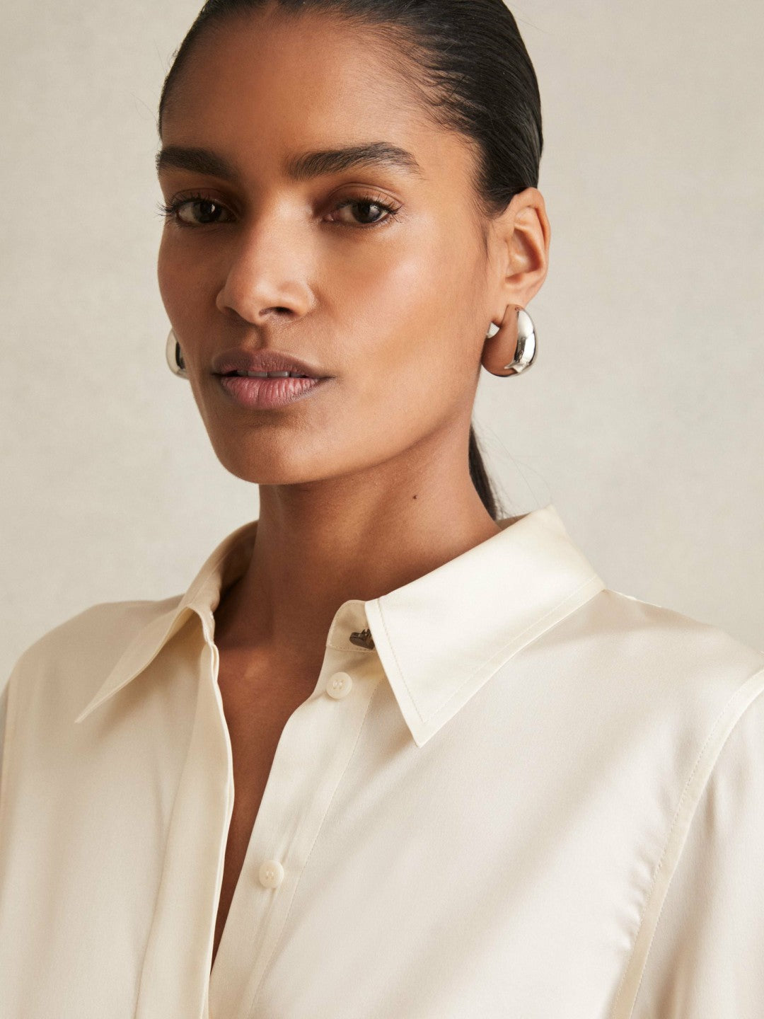 Silk-Satin Concealed-Placket Shirt Ivory | Womens
