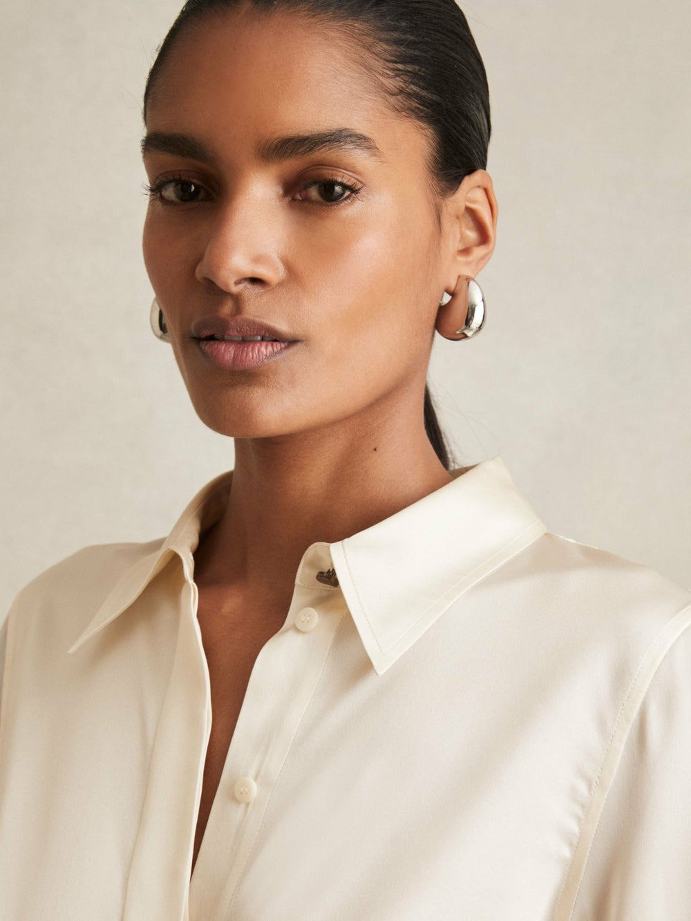 Silk-Satin Concealed-Placket Shirt Ivory | Womens