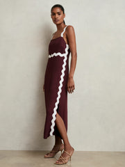 Wave-Trim Crepe Midi Dress Burgundy | Womens