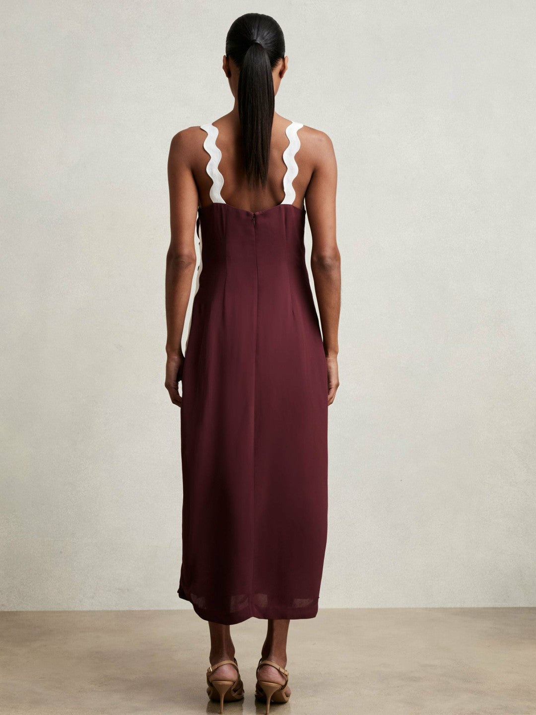Wave-Trim Crepe Midi Dress Burgundy | Womens