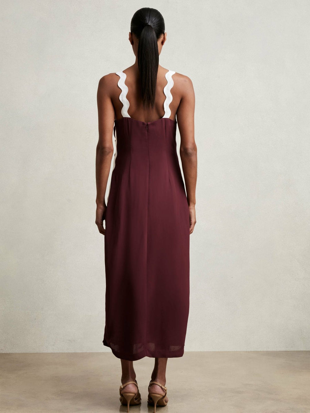 Wave-Trim Crepe Midi Dress Burgundy | Womens