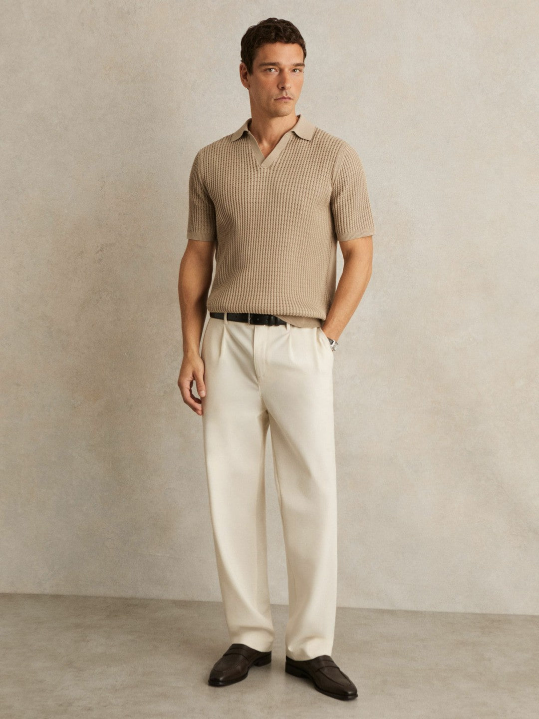 Micro-Cable Open-Collar Cotton-Blend Shirt Light Camel Brown | Mens