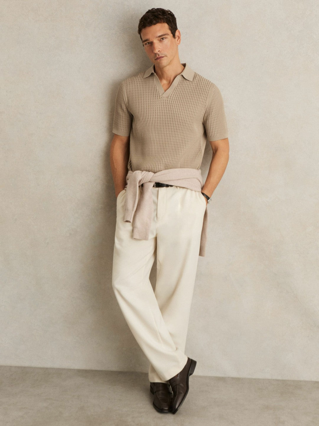 Micro-Cable Open-Collar Cotton-Blend Shirt Light Camel Brown | Mens