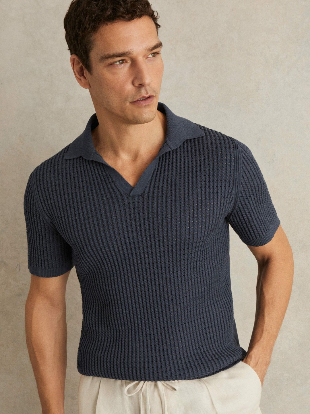 Micro-Cable Open-Collar Cotton-Blend Shirt Dark Airforce Blue | Mens