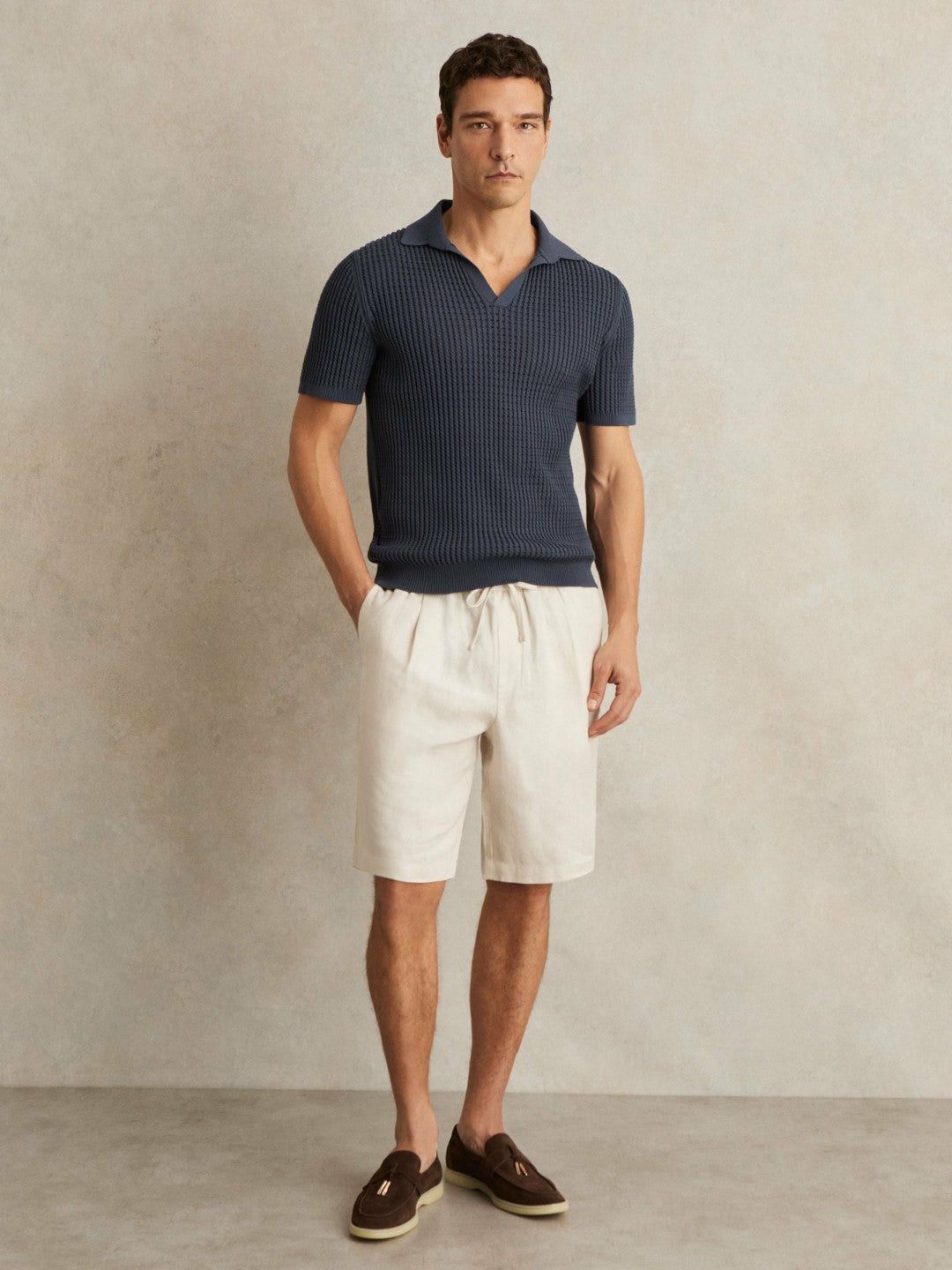 Micro-Cable Open-Collar Cotton-Blend Shirt Dark Airforce Blue | Mens