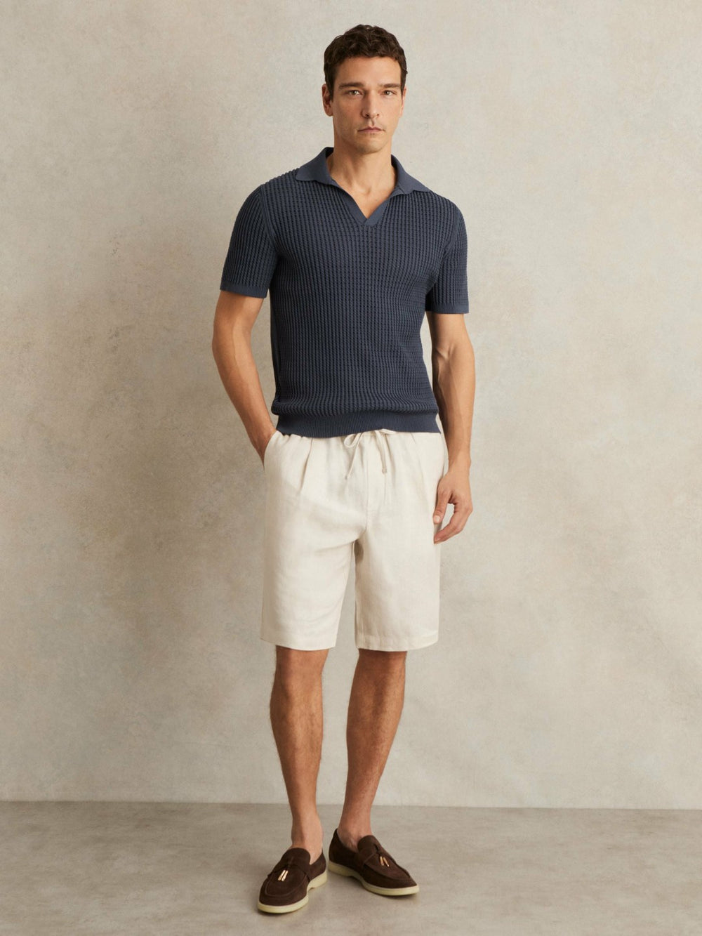 Micro-Cable Open-Collar Cotton-Blend Shirt Dark Airforce Blue | Mens
