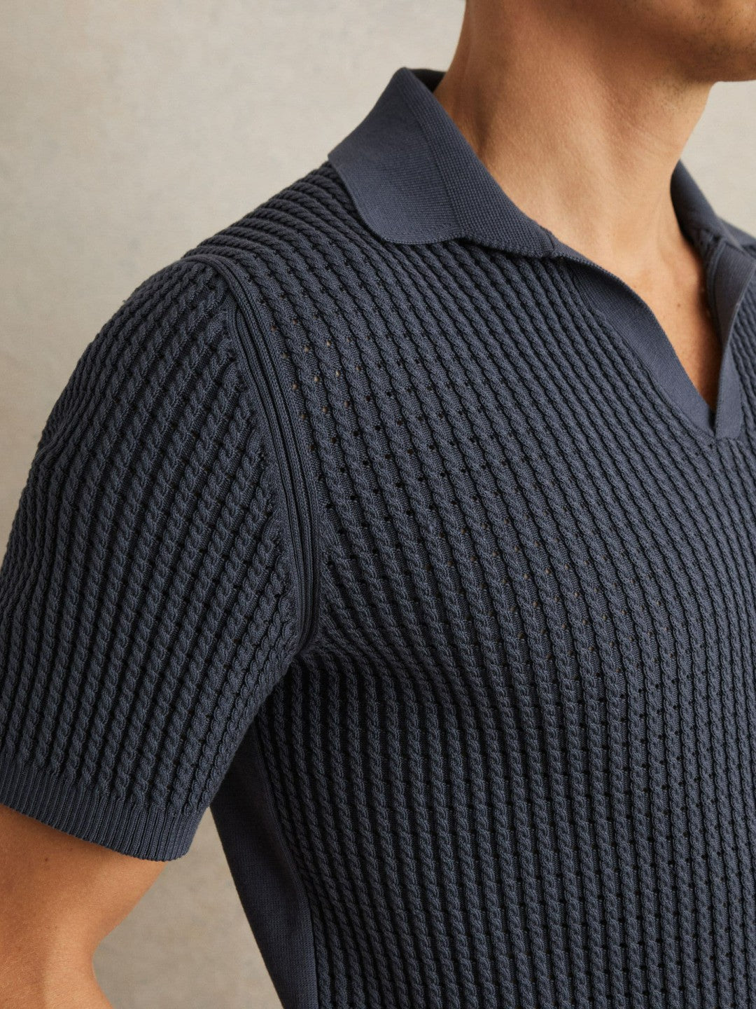 Micro-Cable Open-Collar Cotton-Blend Shirt Dark Airforce Blue | Mens