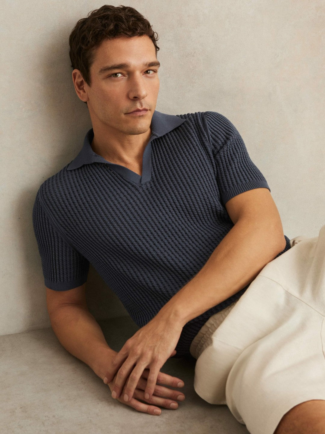 Micro-Cable Open-Collar Cotton-Blend Shirt Dark Airforce Blue | Mens