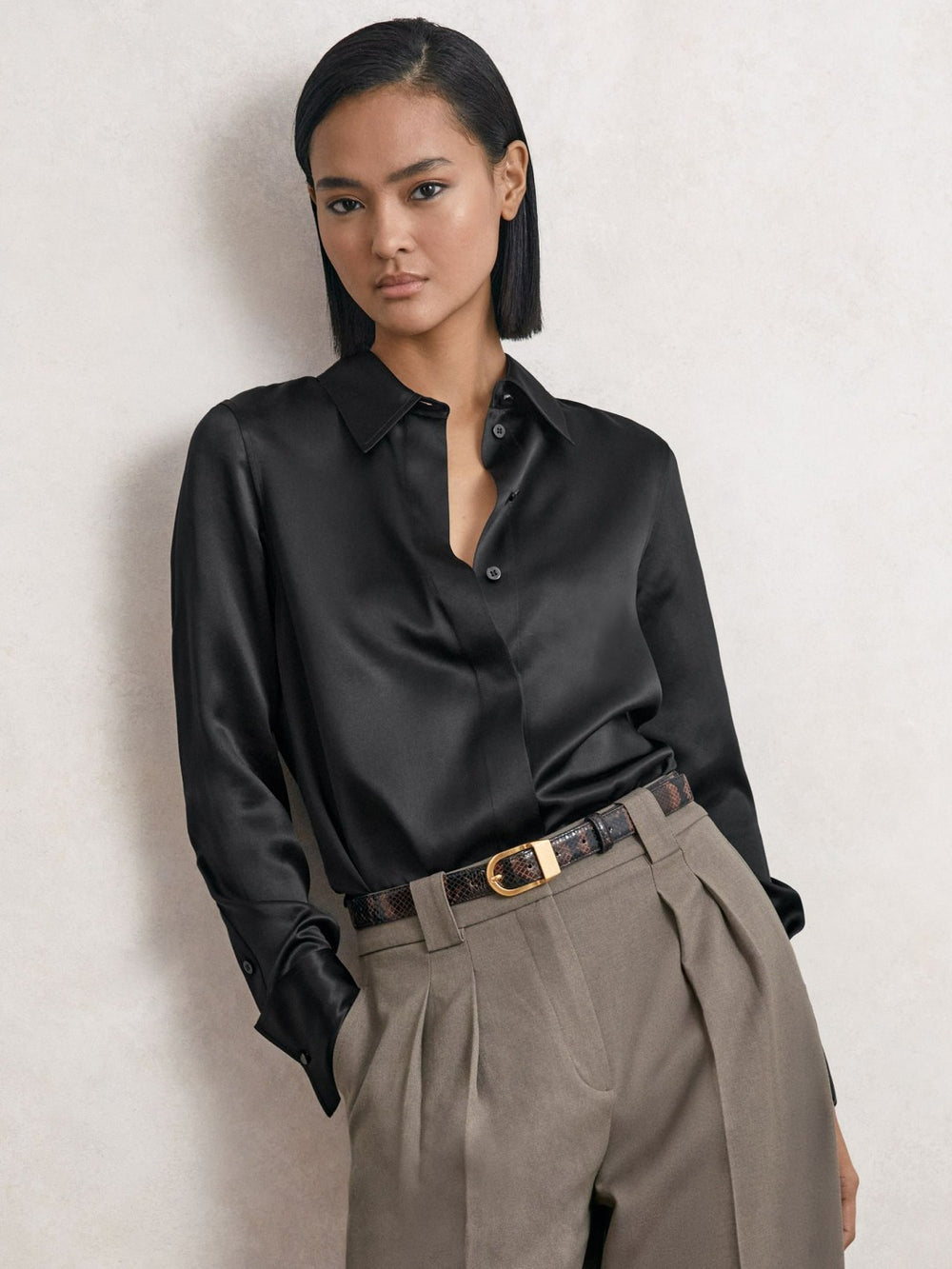 Silk-Satin Concealed-Placket Shirt Black | Womens