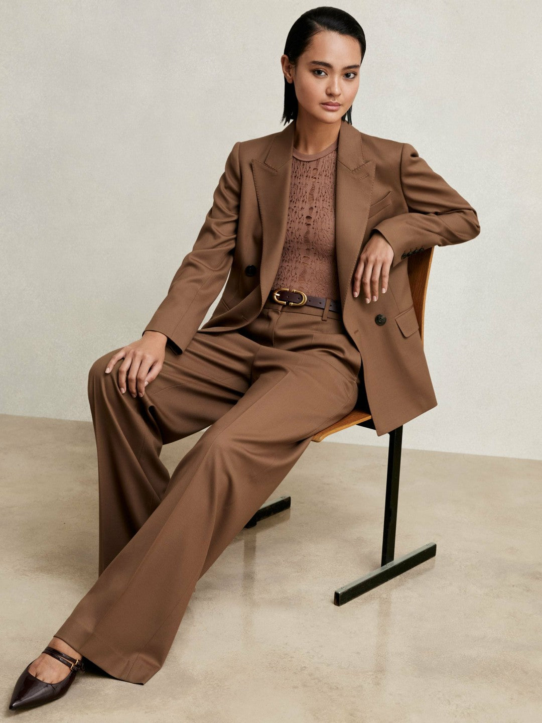 Petite Wool-Blend Wide-Leg Suit Trousers Tan | Womens