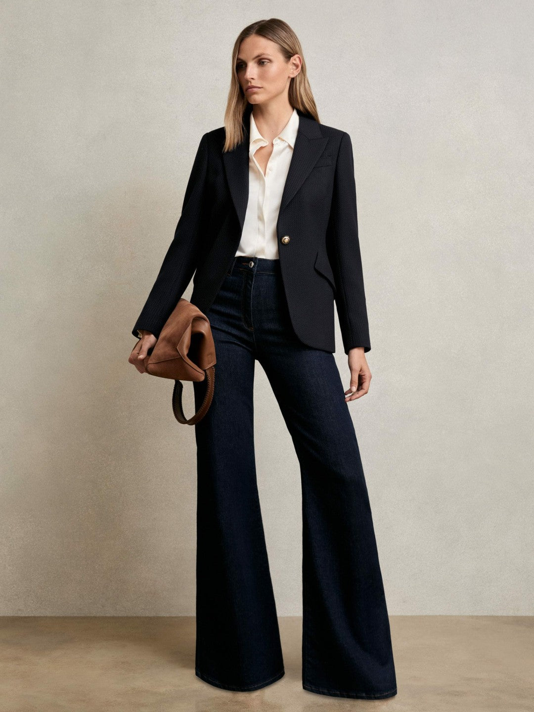 Single-Breasted Textured Blazer Wool-Blend Navy | Womens