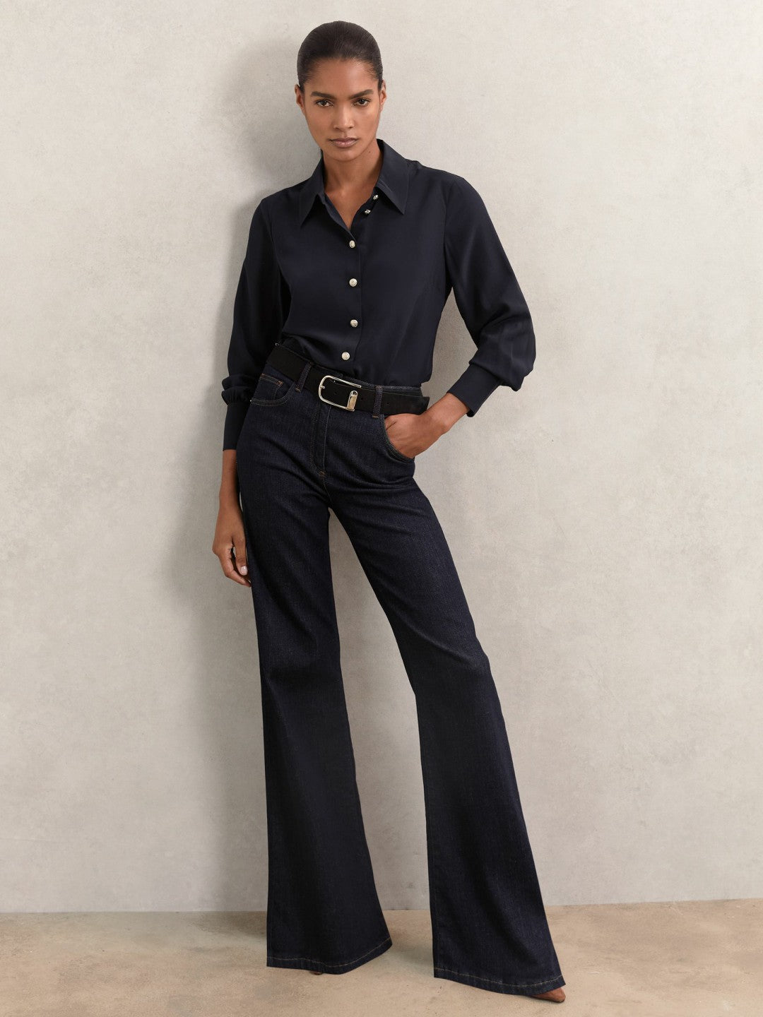 Silk Embossed-Button Shirt Navy | Womens