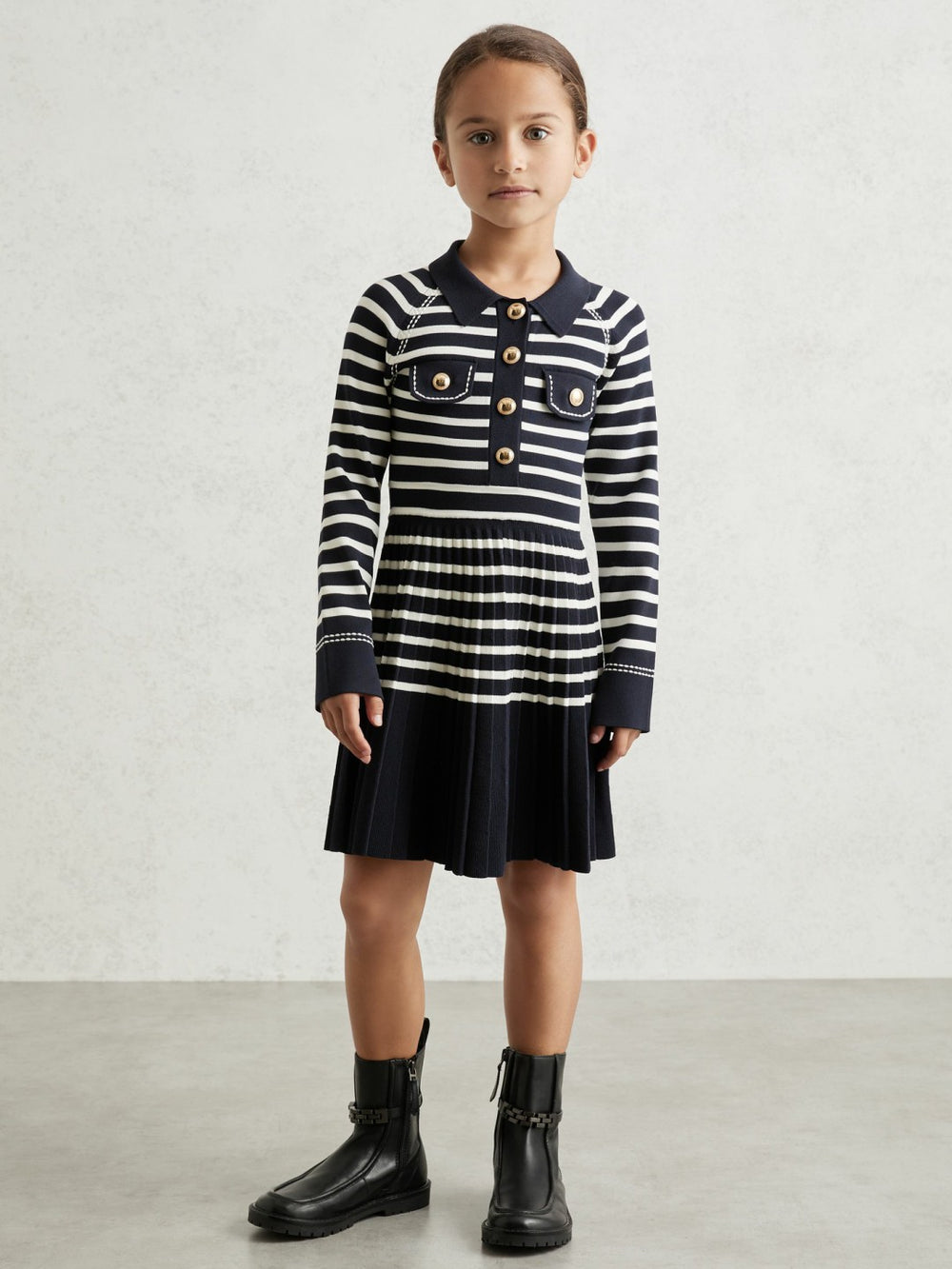 9-13 yrs Button-Detail Stripe Knitted Dress Navy/White | Children