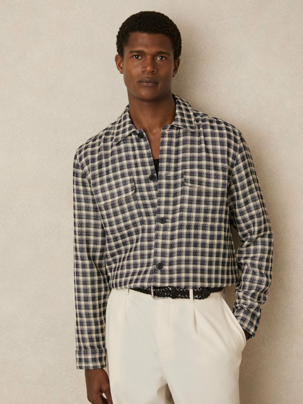 Woven Check Twin Pocket Overshirt Navy/White | Mens