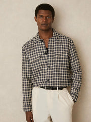 Woven Check Twin Pocket Overshirt Navy/White | Mens