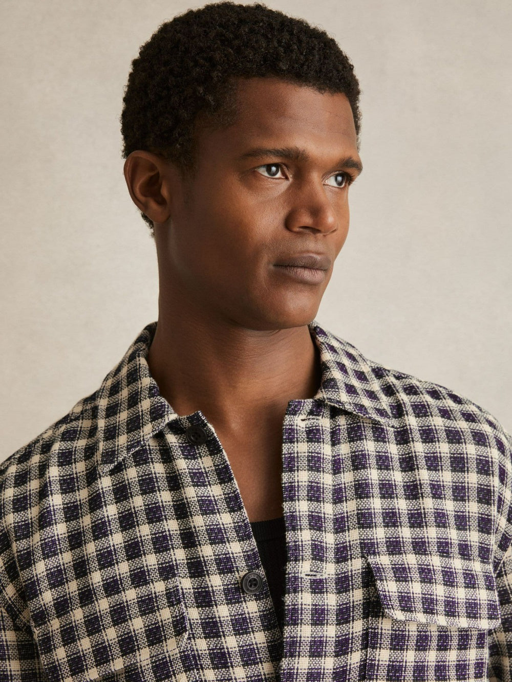 Woven Check Twin Pocket Overshirt Navy/White | Mens