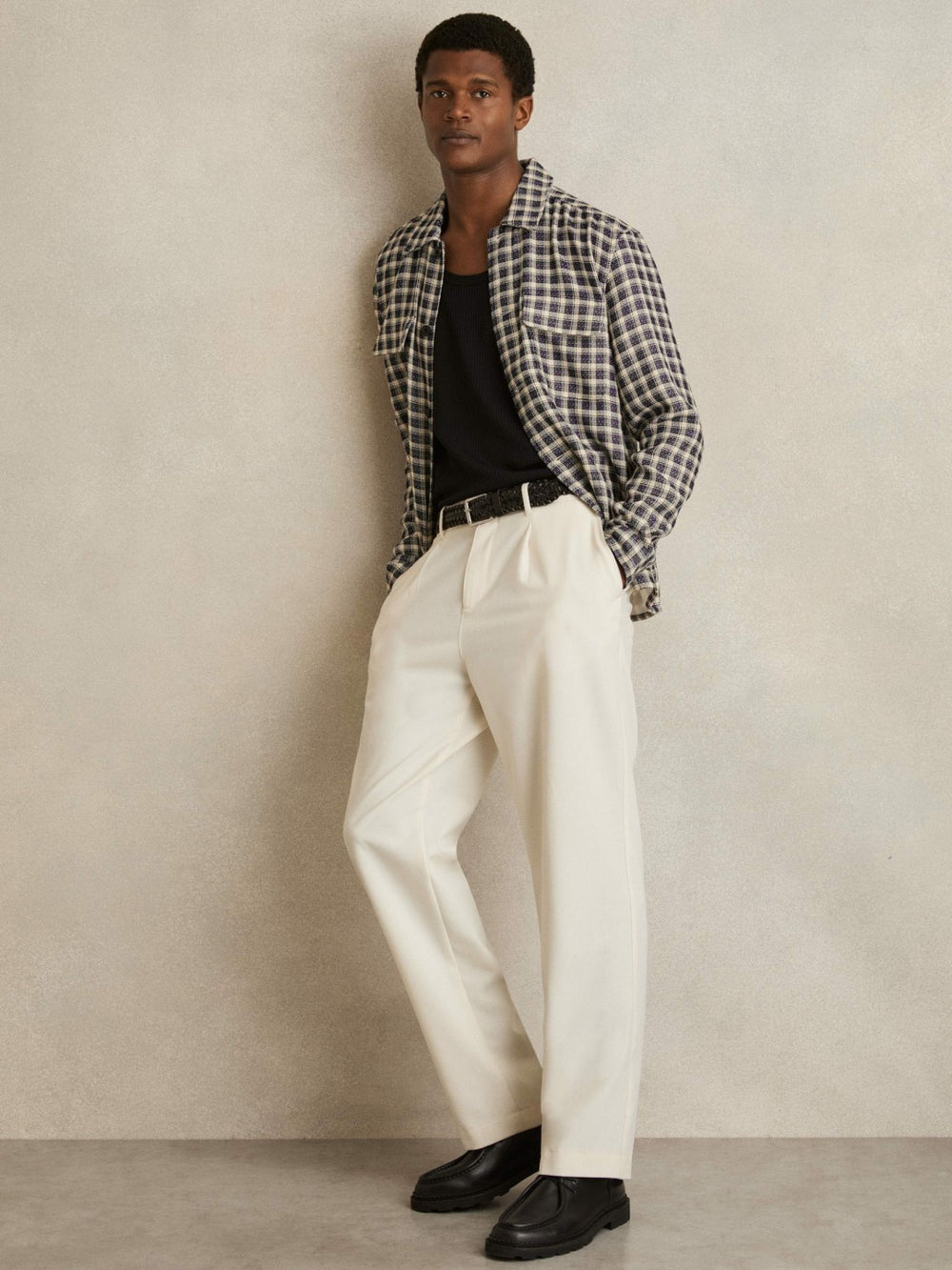 Woven Check Twin Pocket Overshirt Navy/White | Mens