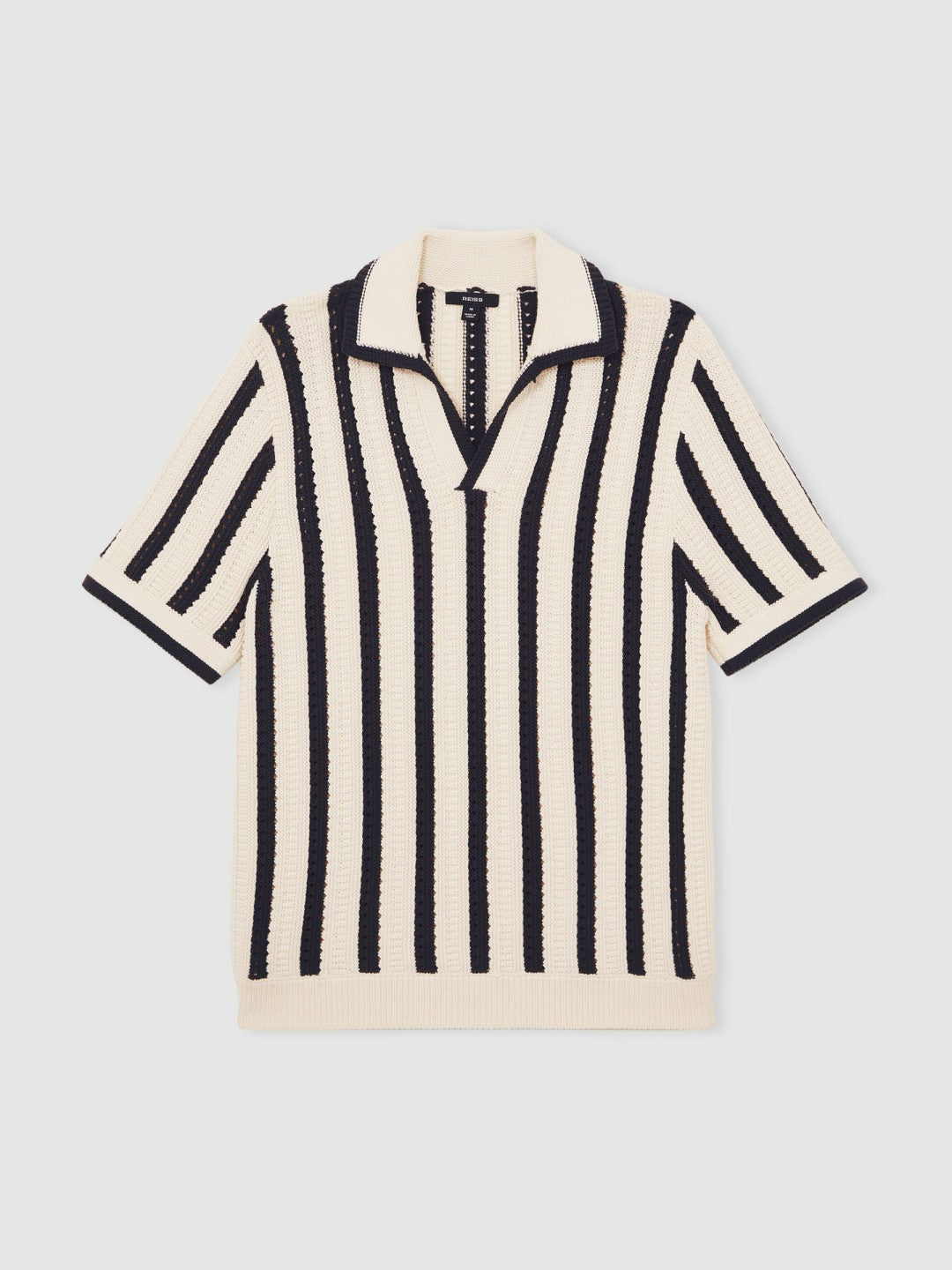 Cotton Blend Stripe Knit Polo Shirt Off White/Navy | Mens